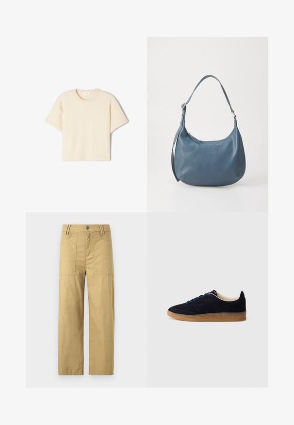 Beżowa koszulka krótki rękaw z miękkiego materiału, z okrągłym dekoltem i luźnym krojem, z delikatną fakturą i bez widocznych wzorów.; Beżowe bawełniane spodnie cargo z wysokim stanem, dwoma przednimi kieszeniami i luźnym krojem. Posiadają zapięcie na klamrę i zamek błyskawiczny z przodu.; Granatowy zamszowy sneaker z gumową podeszwą w kolorze gumy, niebieskimi sznurowadłami i minimalistycznym designem. Na boku znajduje się wytłoczone logo, a wnętrze jest gładko wykończone.; Niebieska skórzana torebka o zaokrąglonym kształcie, z jedną rączką na ramię, zamykana na zamek błyskawiczny, z wytłoczonym logo na przodzie. Gładka faktura.