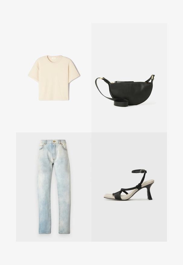 Kratki rukavi, bež T-shirt od mekog materijala, s okruglim izrezom i opuštenim krojem, s suptilnom teksturom i bez vidljivih uzoraka.; Svijetloplavi traperice ravnog kroja, s pet džepova i kopčanjem na dugme. Imaju izblijedjeli izgled po cijeloj površini, s detaljnim šavovima.; Crne sandale na visokom potpetici s dizajnom pletenih trakica, kvadratnim vrhom i podešivom trakicom oko gležnja. Svijetlosmeđi ulošci s sjajnim crnim potpeticama.; Crna kožna torbica preko tijela u obliku polumjeseca, teksturirana površina, zlatni zatvarač i ravni remen. Kompaktni dizajn prikladan za osnovne stvari.
