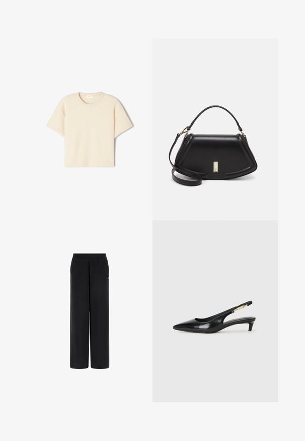Beige T-Shirt mit kurzen Ärmeln, aus weichem Material gefertigt, mit Rundhalsausschnitt und lässiger Passform, subtiler Textur und ohne sichtbare Muster.; Schwarze weite Hosen aus weichem Stoff mit einem elastischen Bund. Verfügt über ein kleines Logo-Akzent auf der linken Seite. Glatte Textur und taillierte Form.; Schwarze Leder-Slingback-Pumps mit spitzem Schuhblatt, ausgestattet mit einem schlanken Absatz und einem goldfarbigen Akzent am verstellbaren Riemen. Glatte Textur.; Schwarze Lederhandtasche mit einem strukturierten Design, das eine verkürzte Form, einen oberen Griff und goldfarbene Hardware-Details aufweist. Verstellbarer Schulterriemen ist enthalten.