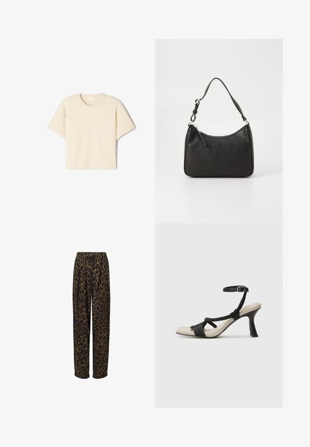 Kratke rokave, bež majica iz mehkega blaga, z okruglim ovratnikom in sproščenim krojem z subtilno teksturo in brez vidnih vzorcev.; Hlače z leopardjim potiskom in širokimi nogavicami, narejene iz mehke tkanine. Imajo zapiranje na gumb in naborke na sprednji strani.; Črne sandale na visoki peti z prepletenim trakom, kvadratnim nosom in nastavljivim gležnjenjem. Svetlo bež podplat z sijajno črno peto.; Črna usnjena torba za roke s ukrivljenim oblikom, enim trakom, zadrgo in diskretnim blagovnim znamkom na sprednjem delu. Gladka tekstura, minimalističen dizajn.
