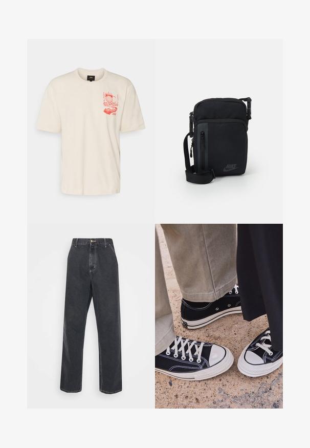 Κρεμ διαμαντένιο μπλουζάκι από βαμβάκι με κοντά μανίκια, διαθέτοντας έναν κόκκινο γραφικό σχέδιο που περιλαμβάνει μία υδρόγειο και αυτοκίνητο, καθώς και μπορντούρα στον λαιμό.; Carhartt WIP SIMPLE PANT - Τζιν χαλαρής εφαρμογής - black heavy stone wash; Μαύρα καμβά sneakers με λευκές καπάκια από καουτσούκ και κορδόνια. Οι αντίθετες ραφές και τα μεταλλικά μάτινα προσθέτουν λεπτομέρεια. Φορεμένα με μπεζ παντελόνια και μαύρο ύφασμα.; Μαύρη νάιλον τσάντα χιαστί με φερμουάρ, ρυθμιζόμενο λουράκι και διακριτική λεπτομέρεια λογότυπου στο μπροστινό μέρος. Λείος υφασμάτινος σχεδιασμός και ορθογώνιο σχήμα.