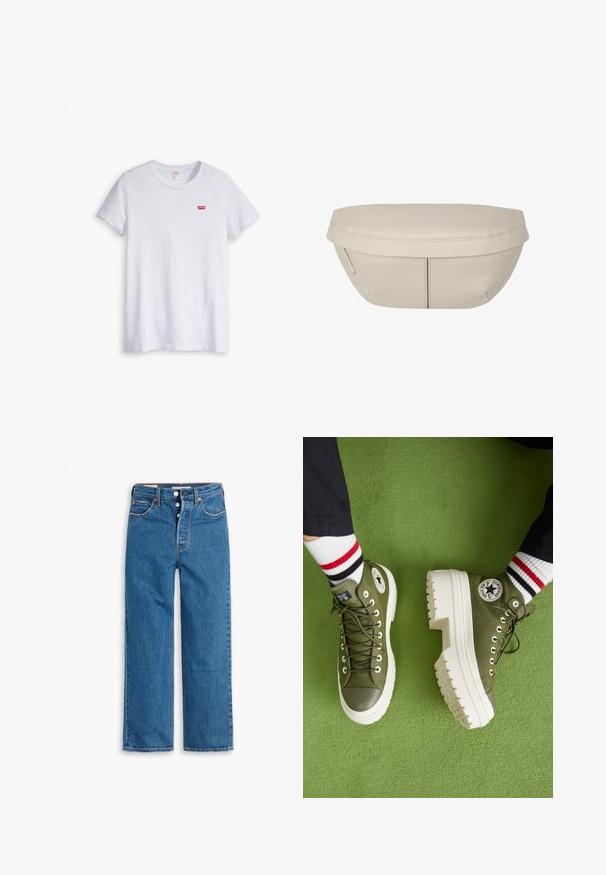 Camiseta de algodón blanca de manga corta y escote redondo. Presenta un pequeño logo rojo de Levi's en la zona del pecho izquierdo.; Vaqueros de mezclilla azul de pierna recta con una cintura alta, diseño de cinco bolsillos y cierre de botones. Costuras visibles y remaches de tono cobrizo.; Converse CHUCK TAYLOR ALL STAR LUGGED HEEL PLATFORM WATERPROOF - Zapatillas altas - khaki; Funda de tela beige con forma redondeada, que presenta una parte superior plana y detalles de costura sutiles. Incluye un logotipo minimalista y una correa lateral.