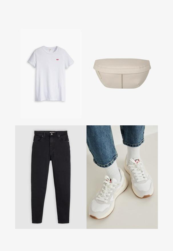 T-shirt en coton blanc à manches courtes et col rond. Présente un petit logo rouge Levi's sur la partie gauche de la poitrine.; Jean slim noir avec fermeture à bouton et à glissière, design à cinq poches et passants de ceinture sur un fond gris clair.; Baskets blanches avec des accents beiges, des lacets et un bout de chaussure texturé. Associées à des chaussettes blanches rayées et à un jean en denim bleu retroussé.; Pochette en tissu beige de forme arrondie, avec un dessus plat et des détails de couture subtils. Comprend un logo minimaliste et une sangle latérale.
