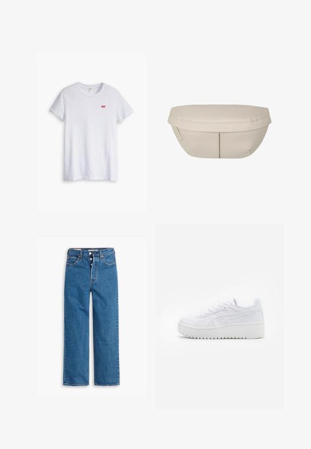 Bílý bavlněný tričko s krátkým rukávem a kulatým výstřihem. Na levé straně hrudníku je malé červené logo Levi's.; Modré džíny se rovnými nohavicemi a vysokým pasem, pět kapsovým designem a knoflíkovým zapínáním. Vykazuje výrazné švy a měděné nýty.; Bílé platformové tenisky s hladkým koženým povrchem, perforovanými detaily a plochými tkaničkami; mají silnou bílou gumovou podrážku.; Beige textilní taštička s kulatým tvarem, která má plochý vršek a jemné švy. Obsahuje minimalistické logo a boční popruh.