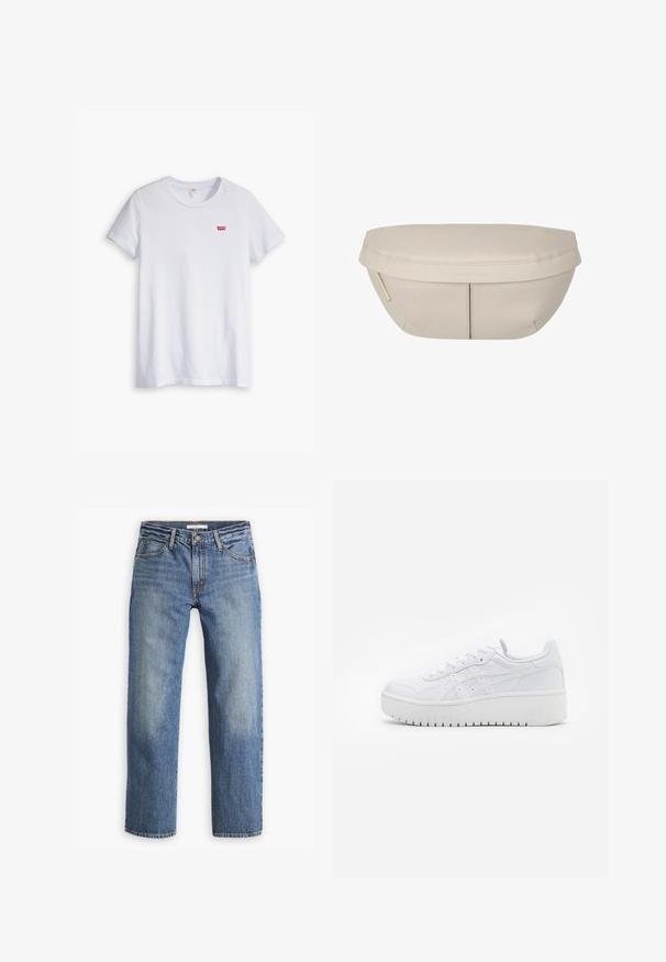 T-shirt bianco in cotone con maniche corte e scollo rotondo. Presenta un piccolo logo rosso Levi's sulla parte sinistra del petto.; Jeans in denim azzurro chiaro, design a gamba dritta, vita media, cinque tasche, cuciture tono su tono e zip con bottone.; Sneaker piattaforma bianche con texture in pelle liscia, dettagli perforati e lacci piatti; presenta una robusta suola in gomma bianca.; Pochette in tessuto beige dalla forma arrotondata, con parte superiore piatta e dettagli di cucitura sottili. Include un logo minimalista e una strap laterale.