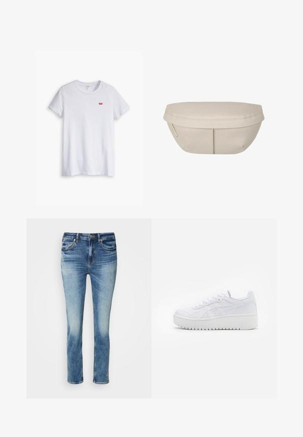 T-shirt en coton blanc à manches courtes et col rond. Présente un petit logo rouge Levi's sur la partie gauche de la poitrine.; Jean en denim bleu clair avec une coupe droite, un léger délavage, style à cinq poches et une broderie discrète près de l'ourlet.; Baskets plateformes blanches avec une texture en cuir lisse, des détails perforés et des lacets plats ; dotées d'une épaisse semelle en caoutchouc blanc.; Pochette en tissu beige de forme arrondie, avec un dessus plat et des détails de couture subtils. Comprend un logo minimaliste et une sangle latérale.