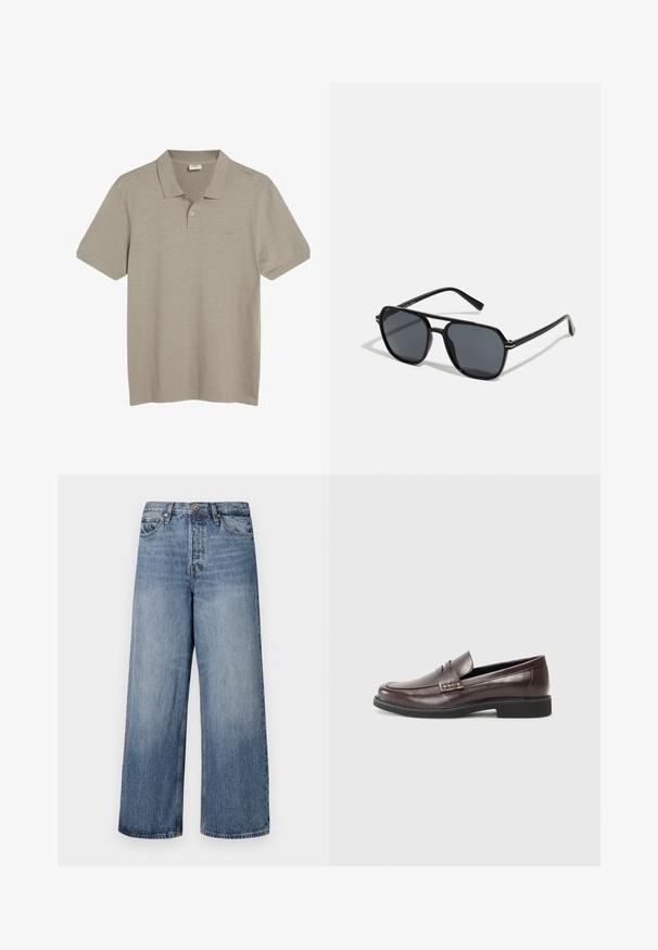 Light brown polo shirt made from soft fabric. Features a classic collar, three buttons, and short sleeves. Smooth texture with a subtle shine.; Wide-leg blue denim jeans with a faded wash, five-pocket design, and a button closure. Equipped with belt loops and stitched detailing.; Brown leather loafers with a smooth finish, featuring a subtle stitched detail on the upper and a black rubber sole.; Black sunglases with octagonal frame, dark lenses, glossy finish, thin temples, and gold accents on the front.