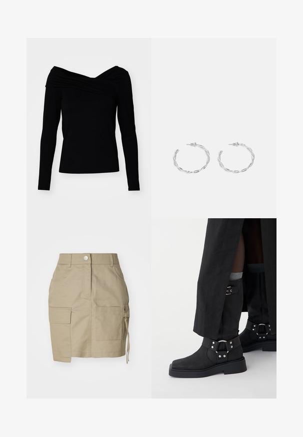 Melnas plecus atklājošs tops ar garām piedurknēm, kuram ir plūstoša forma un gluda tekstūra, nodrošinot pieguļošu siluetu.; Khaki krāsu svārki ar priekšējiem un sānu kabatām, standarta jostasvietu un kordes detaļu sānos. Izgatavoti no izturīga auduma.; Melnas potītes kurpes izgatavotas no ādas ar matētu apdari, ar kvadrātu purngaliem un dekoratīvām sprādzēm. Zole ir masīva un ar tekstūru.; Sudraba gredzenveida auskari ar savītu dizainu, kas ir ar pulētu apdari un ar aizmugurēju fiksāciju. Izmērs ir aptuveni 3 cm diametrā.