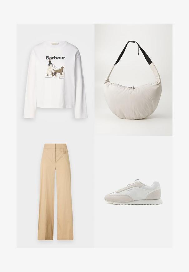 Biała koszulka z długim rękawem z grafiką osoby spacerującej z trzema psami, z napisem "Barbour" wydrukowanym powyżej na czarno.; Beżowe spodnie typu wide-leg wykonane z mieszanki bawełny. Charakteryzują się gładką teksturą, elastycznym pasem i detalem z guzikiem z boku.; Jasne sneakersy z mixem białej skóry i beżowego zamszu, z teksturowaną podeszwą i minimalnym logo po boku.; Jasno-beżowa, wyściełana torba na ramię o zaokrąglonym kształcie w półksiężyca. Czarny pasek, zamek błyskawiczny oraz subtelne logo z przodu. Miękka tekstura.