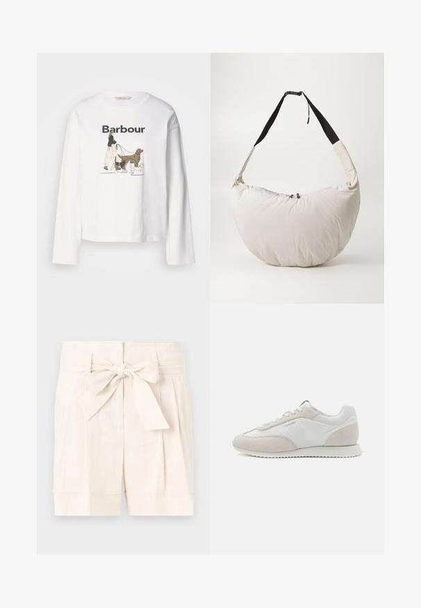 Weißes Langarm-T-Shirt mit einem Grafikmotiv, das eine Person zeigt, die drei Hunde spazieren führt, mit "Barbour" in Schwarz darüber gedruckt.; Beige hochgeschnittene Shorts mit gebundenem Gürtel, gefüttertem Design und umgeschlagenen Säumen aus leichtem Stoff.; Helle Sneaker aus einer Kombination von weißem Leder und beigem Wildleder, mit einer strukturierten Sohle und minimaler Markenkennzeichnung an der Seite.; Hellbeige gepolsterte Schultertasche mit einer geschwungenen, halbmondförmigen Form. Schwarzer Riemen, Reißverschlussverschluss und dezentes Logo auf der Vorderseite. Weiche Textur.
