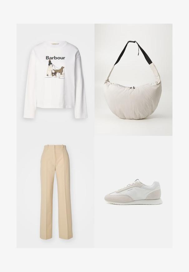 T-shirt blanc à manches longues présentant un graphique d'une personne promenant trois chiens, avec "Barbour" imprimé en noir au-dessus.; HUGO HULANA - Pantalon classique - open beige; Baskets de couleur claire comportant un mélange de cuir blanc et de daim beige, avec une semelle texturée et un branding minimaliste sur le côté.; Sac à épaule rembourré beige clair avec une forme courbée en demi-lune. Sangle noire, fermeture éclair et logo discret à l'avant. Texture douce.
