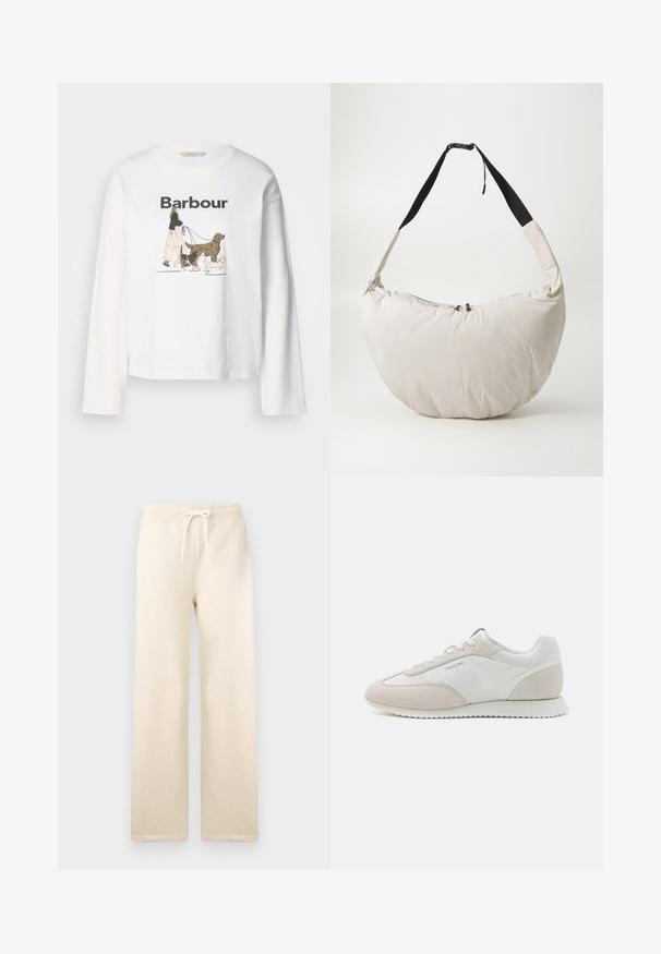 Fehér, hosszú ujjú póló, amelyen egy személyt ábrázoló grafika látható, amint három kutyát sétáltat, felette fekete színnel "Barbour" felirattal.; Tejfehér szabadidőnadrág puha anyagból, rugalmas derékkal és zsinórral, széles lábakkal, és látható minták nélkül.; Világos színű edzőcipők, fehér bőr és bézs velúr keverékével, textúrázott talppal és minimális logóval az oldalán.; Világos bézs színű, párnázott válltáska, félhold alakú. Fekete pánt, cipzáras záródás és diszkrét logó elöl. Puha tapintás.