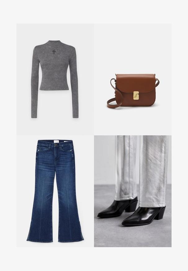 Grijs geribbelde langemouwen top met een hoge hals en decoratieve kruisborduursels in het midden. Gladde textuur met een aansluitend ontwerp.; Donkerblauwe uitlopende jeans gemaakt van denim. Beschikt over een hoge taille, voorzakken en splitdetails aan de zoom. Klassiek vijfzakontwerp.; Zwarte leren enkellaarzen met een spitse neus en blokhak, gecombineerd met glanzende zilveren broeken, die slanke texturen en contrasterende kleuren laten zien.; Bruine leren handtas met een klep sluiting, gouden hardware, een schouderband en een gladde textuur. Compact rechthoekige vorm.