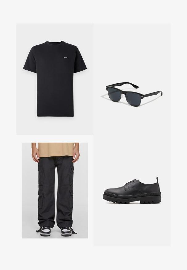 Svart kortermet t-skjorte med rund hals og liten hvit "Hollister"-logo på venstre bryst mot en ensfarget bakgrunn.; Svarte cargo-bukser laget av bomull, med flere sidelommer, løs passform og justerbare snorer ved anklene. Kombinert med svart og hvit sneakers.; Svart lærsko med rund tå, snøring og kraftig gummisåle. Har en trekkring på hælen og teksturerte detaljer.; Sorte solbriller med rektangulær form, mørke linser, sølvfargede detaljer ved templene, og en matt finish på rammen.