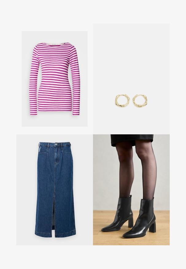 Dlhý rukáv tričko s priliehavým strihom, vyrobené z mäkké bavlny. Má vodorovné ružové a biele pruhy a široký výstrih.; Džínová midi sukňa v tmavomodrej farbe, s predným rozparkom, dizajnom s piatimi vreckami a pútkami na opasok v páse. Hladká, pevná textúra.; Čierne kožené členkové topánky s špicatou špičkou, robustný štvorcový opätok a elegantný dizajn. Obsahujú elastické bočné panely pre jednoduché obúvanie.; Zlaté kruhové náušnice s textúrovaným, nepravidelným tvarom. Majú bezšvové uzatváranie a lesklý povrch, čo podčiarkuje moderný dizajn.