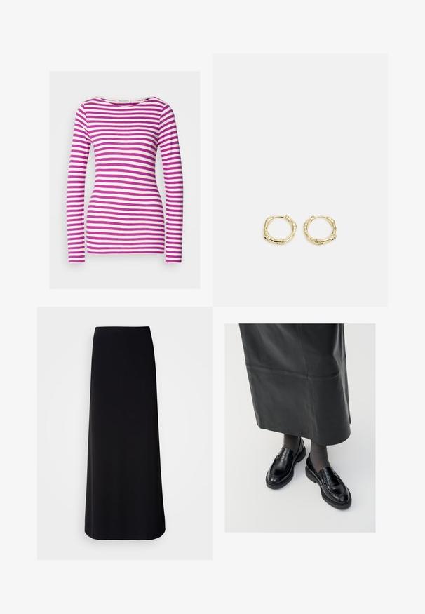 T-shirt à manches longues avec une coupe ajustée, fabriqué en coton doux. Il présente des rayures horizontales roses et blanches et un large col.; Jupe noire longue en tissu lisse avec une silhouette droite. Présente un design simple et sans ornements, sans motifs ni embellissements visibles.; Mocassins en cuir noir avec une finition lisse, ornés d'une bande décorative, à bout rond et avec une semelle texturée. Portés avec une longue jupe en cuir noir.; Boucles d'oreilles en or en forme de cerceau avec une texture et une forme irrégulière. Présentent une fermeture sans couture et une finition polie, soulignant un design moderne.