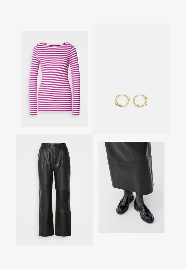 Ilgi piedurkņu T-krekls ar pieguļošu formu, izgatavots no mīkstas kokvilnas. Ar horizontālām rozā un baltām svītrām un plašu izgriezumu.; Melni ādas platās kāju bikses ar gludu tekstūru, augsta josta, priekšējie krokas un redzamās šuves. Bez kabatām vai rotājumiem.; Melni ādas loafers ar gludu apdari, ar dekoratīvu jostu, apaļu pirkstu un teksturētu zoli. Valkāti ar garu melnu ādas svārku.; Zelta riņķveida auskari ar tekstūru un neregulāru formu. Iekļauj bezšuvju aizdari un pulētu virsmas apdari, uzsverot mūsdienīgu dizainu.