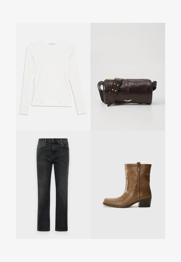 White long-sleeve crew neck shirt with a small "Tiger of Sweden" label at the neckline on a plain background.; Men’s straight-leg black faded jeans with front button and five-pocket design on plain white background.; Brown leather ankle boot with a square toe, textured finish, and a low stacked heel. Features a rear pull tab and subtle stitching details.; Brown crocodile-embossed leather bag with a cylindrical shape, gold-tone hardware, and a detachable strap featuring studs.