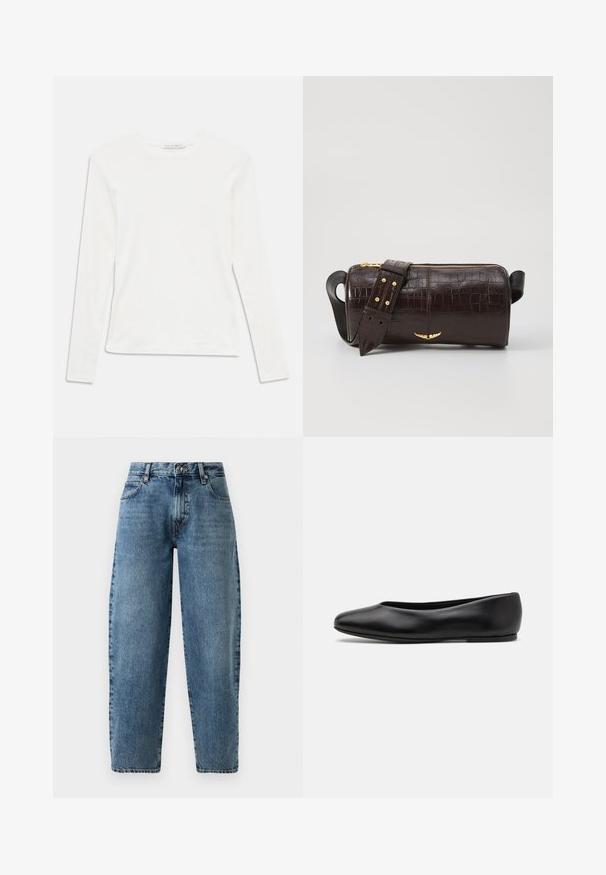 Cămașă albă cu mânecă lungă și guler rotund, cu un mic label "Tiger of Sweden" la guler, pe un fundal simplu.; Blugi din denim de un albastru deschis, cu un design drept, talie înaltă și cusături minimaliste. Stil clasic cu cinci buzunare și detalii din metal.; Paul Smith TOPANGA - Balerini - black; Geantă din piele căptușită cu un model de crocodil de culoare maro, cu o formă cilindrică, accesorii de culoare aurie și un curea detasabilă cu tăieturi.