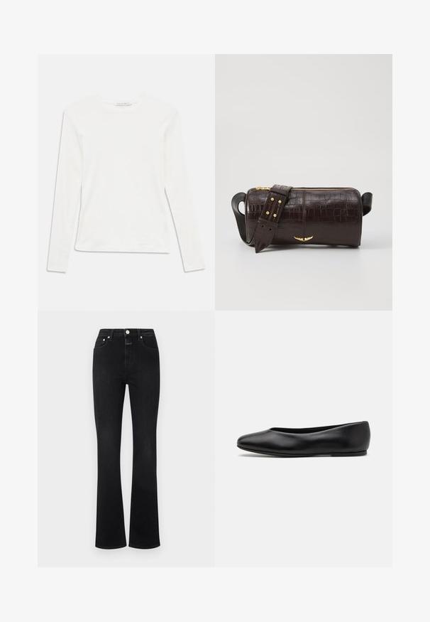 Balta garām piedurknēm arapa kreklu ar mazu "Tiger of Sweden" etiķeti apkaklītes vietā uz vienkrāsaina fona.; Melnas izplešotas džinsu bikses, kas izgatavotas no denima, ar augstu jostu, piecām kabatām, zelta krāsas piederumiem un gludu tekstūru.; Paul Smith TOPANGA - Balerīnas laiviņas - black; Brūna krokodila ādas soma ar cilindrisku formu, zelta toni aparatūru un noņemamu siksnu ar studiem.