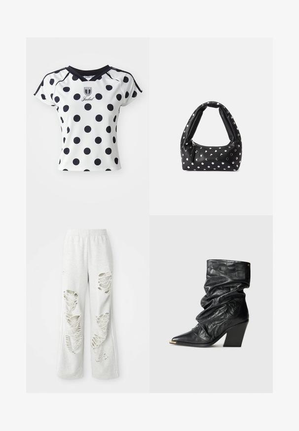 Bílá krátká rukávová košile s velkými černými puntíky, výstřihem do V a logem na hrudi, vyrobená z hladkého, pružného materiálu.; Světle šedé tepláky volného střihu s několika roztrženými záplatami, měkkou texturou a elastickým pasem.; Černé kožené boty do půli lýtek s úžasným hadím vzorem, špičatou špičkou, zlatým hrotem a robustním vysokým podpatkem na bílém pozadí.; Černá kožená kabelka s klenutou rukojetí, zdobená stříbrnými puntíky a s uzavíráním na zip na jedné straně.