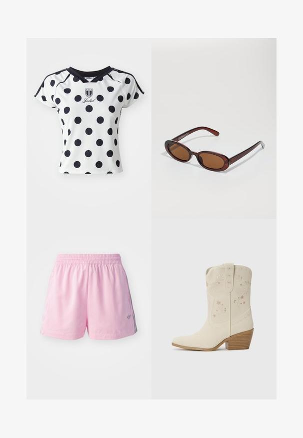 Camicia bianca a maniche corte con grandi pois neri, scollatura a V e dettaglio del logo sul petto, realizzata in un materiale liscio e elasticizzato.; Pantaloni sportivi rosa con elastico in vita, dotati di una striscia grigia sui lati e di un piccolo logo sul davanti. Realizzati in tessuto leggero.; Stivale da cowboy in pelle bianca con ricami floreali, punta a punta e tacco in legno impilato. Presenta cuciture decorative sul gambale.; Occhiali da sole rotondi con tonalità marrone, montatura lucida color bordeaux. Aste sottili con un sottile dettaglio del marchio. Design delle lenti piatte.; Borsa a tracolla in finta pelle rosa dalla forma circolare, con un design allacciato decorato da occhielli metallici e un dettaglio a fiocco. Include un manico corto.