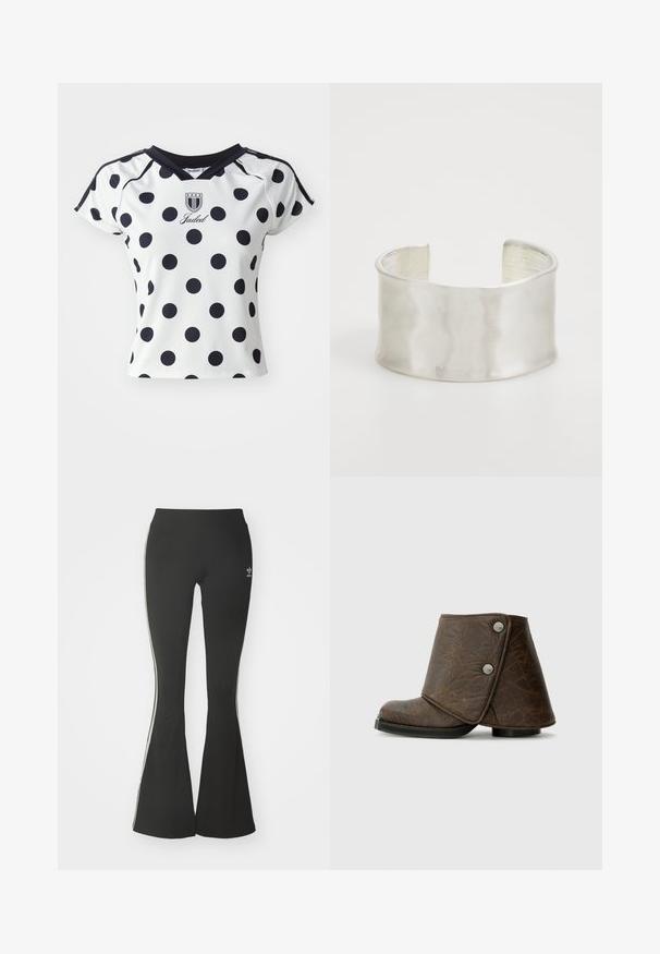 Camică albă cu mânecă scurtă, cu buline mari negre, decolteu în formă de V și detaliu cu logo pe piept, fabricată dintr-un material neted și elastic.; Colanți negri cu evazare, din material elastic, cu talie înaltă și dungi albe pe laterale. Include un mic logo la talie.; Botine din piele maro, cu un design pliat, accente din metal argintiu, vârf rotund și o finisare texturată. Talpă joasă, plată, de culoare neagră.; Zign Brăţară - silver-coloured