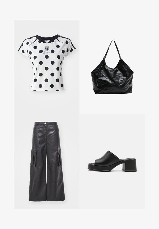 Biała koszula z krótkim rękawem w duże czarne kropki, z dekoltem w serek i detalem logo na klatce piersiowej, wykonana z gładkiego, elastycznego materiału.; Czarne skórzane spodnie cargo o szerokim kroju, wyposażone w dwie boczne kieszenie i szczegółowe przeszycia. Tkanina ma gładką, błyszczącą teksturę.; Czarne skórzane klapki na platformie z zaokrąglonym otwartym noskiem, niskim blokowym obcasem i gładką teksturą. Minimalistyczny design z eleganckimi liniami.; Czarna torebka na ramię wykonana z błyszczącego, teksturowanego materiału. Posiada dwie solidne rączki i luźny kształt. Brak widocznych elementów metalowych lub akcentów.