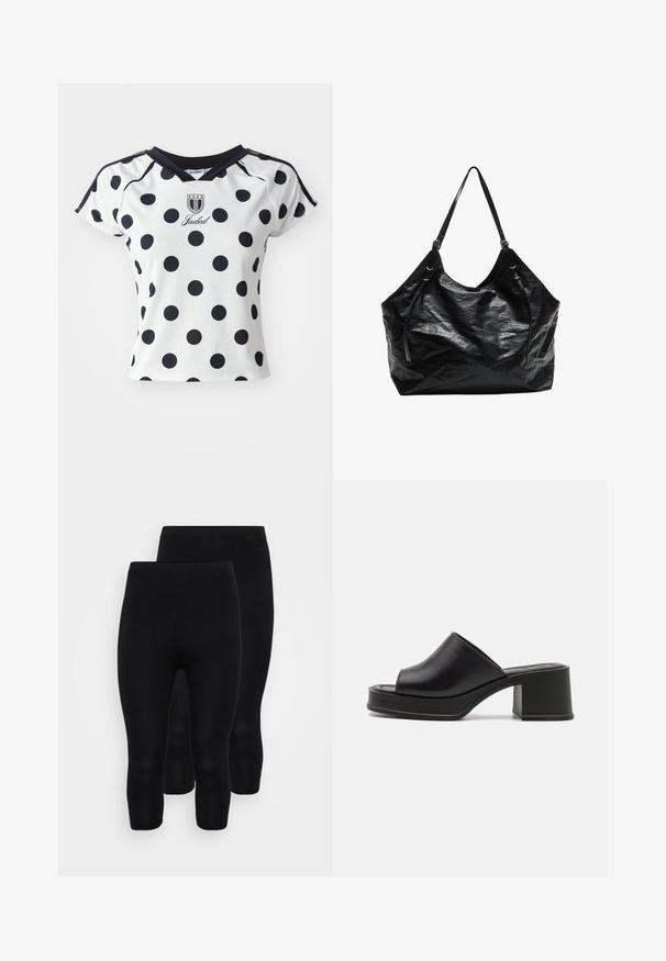 Bela majica s kratkimi rokavi z velikimi črnimi pikami, z V-izrezom in logotipom na prsih, izdelana iz gladkega, raztegljivega materiala.; Črne raztegljive legice brez šivov, ki imajo dolžino do sredine teleta, gladko teksturo in elastičen pas za udobje.; Črne usnjene platforme mule z zaobljenim odprtim prstom, nizkim blokastim petkom in gladko teksturo. Minimalističen dizajn s čistimi linijami.; Črna torba za ramo, izdelana iz sijočega, teksturiranega materiala. Ima dve trdni ročaji in ohlapen obliko. Ni vidne opreme ali dodatkov.