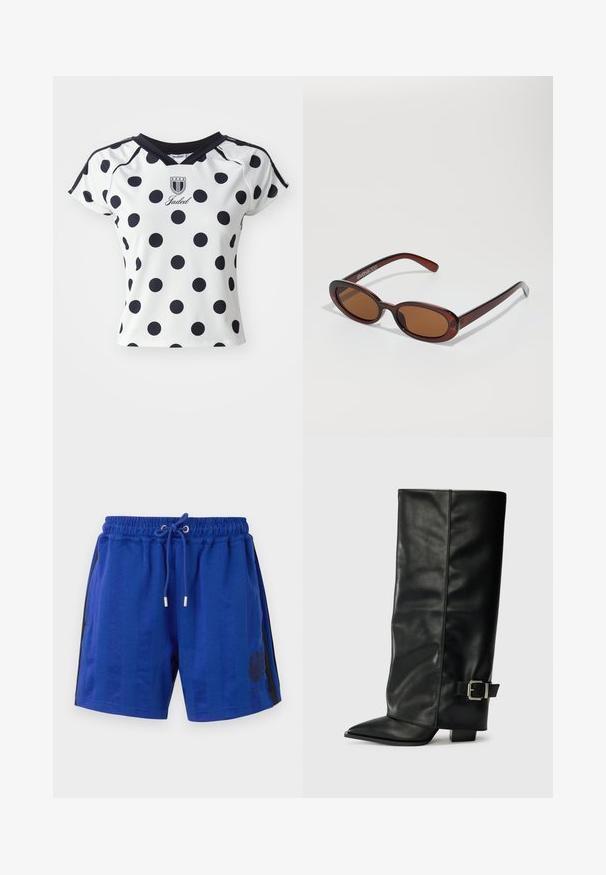 White short-sleeve shirt with large black polka dots, v-neckline, and logo detail on the chest, made from a smooth, stretchy material.; Blue athletic shorts with an elastic waistband, drawstring, side black stripes, and a floral crest design. Smooth fabric texture.; Black leather ankle-length boots with a pointed toe, smooth texture, and a silver buckle accent on the side. Chunky square heel.; Round, brown-tinted sunglasses with a glossy burgundy frame. Slim arms with subtle branding detail. Flat lens design.; Leopard print handbag with a black faux leather base, dual top handles, gold zipper, and accented black faux leather tabs. Rectangular shape.