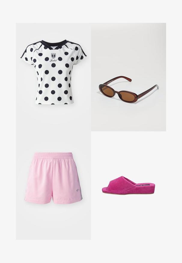 Bílá krátká rukávová košile s velkými černými puntíky, výstřihem do V a logem na hrudi, vyrobená z hladkého, pružného materiálu.; Růžové sportovní šortky s elastickým pasem, na bocích s šedým pruhem a malým logem vpředu. Vyrobené z lehkého materiálu.; Růžové sametové skluzné pantofle s zaoblenou špičkou a nízkým podpatkem. Texturovaná tkanina, otevřená přední část a jemné švy.; Kulaté sluneční brýle hnědé barvy s lesklým burgundským rámem. Úzké nožičky s jemným logem. Rovné čočky.; Růžová taška z umělé kůže s kruhovým tvarem, s krajkovým designem a kovovými očky, doplněná mašlí. Obsahuje krátkou rukojeť.