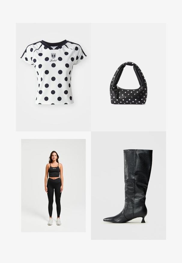 Witte kortemouwenshirt met grote zwarte stippen, v-hals, en logodetail op de borst, gemaakt van een zachte, rekbare stof.; Zwarte sportbeha met dunne banden en logo. Gemaakt in combinatie met hoog-getailleerde zwarte leggings met een crossover-ontwerp. Grijze sneakers.; Kniehoge zwarte faux leren laarzen met een glanzende krokodillenstructuur, spitse neus en een slanke, hoekige hak. Klassiek ontwerp en elegante silhouet.; Zwarte leren handtas met een gebogen handvat, voorzien van zilveren stippenversieringen en een ritsluiting aan de zijkant.