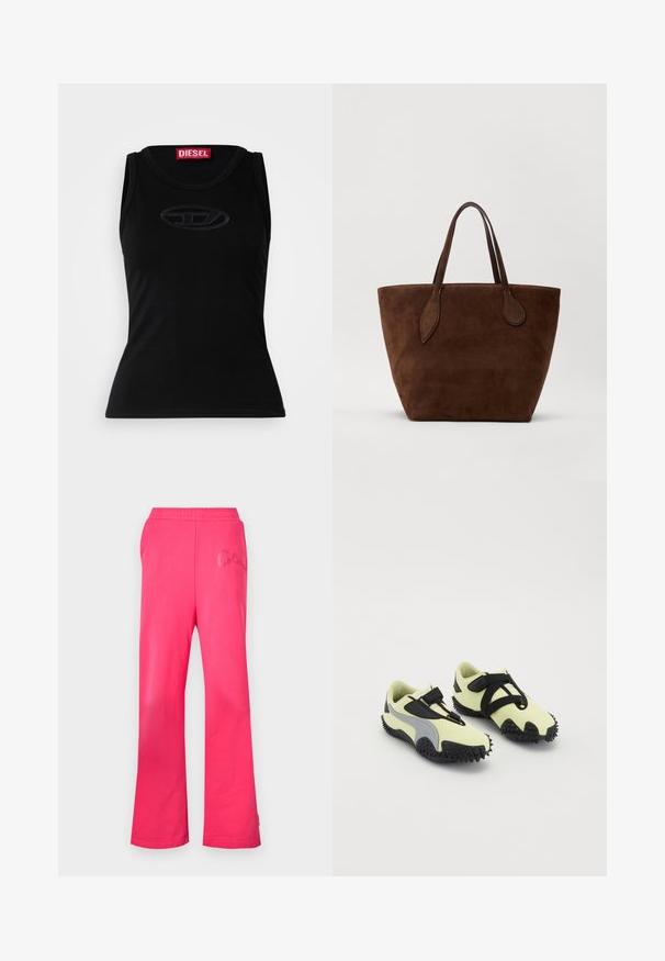 Črna brezrokavna majica iz mehkega bombaža, z diskretnim vtisnjenim logotipom na sredini in rdečo oznako blagovne znamke na ovratniku.; Fuksijaste hlače z udobnim krojem, izdelane iz mehkih bombažnih materialov. Imajo elastičen pas in izšite logotipne detajle na sprednji strani.; Obutev s svetlo rumeno zgornjimi deli in črnimi poudarki, varnim pasom in teksturirano črno gumasto podplatom. Zasnovana za oprijem in podporo.; Rjava nubuk torbica s ukrivljenimi zgornjimi robovi, dvema ročajema v usklajeni rjavi barvi in kontrastnim šivom ob robovih.