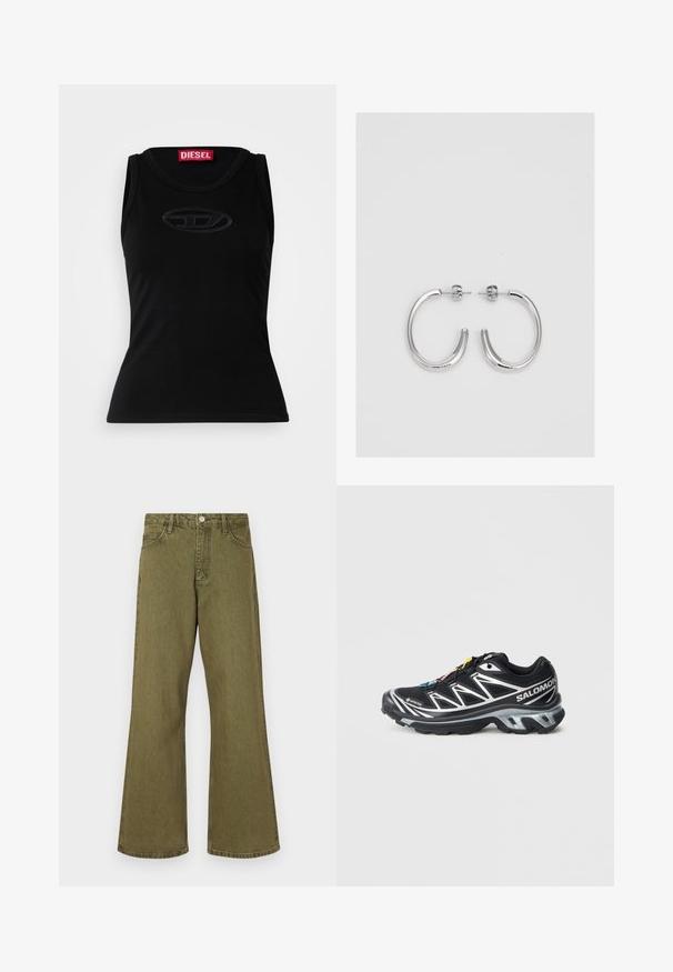 Fekete ujjatlan top, puha pamutból készült, finoman domborított logóval a közepén, valamint egy piros márkázott címkével a nyakvonalban.; Olívazöld, bővülő szárú farmernadrág denim anyagból, klasszikus ötpocketes designnal, felső gombos záródással és látható varrással.; Fekete futócipő ezüst kiegészítőkkel, GORE-TEX anyagból, struktúrált talppal és színes fűzőkkel. Párnázott sarokkal rendelkezik a támasz érdekében.; Ezüst karika fülbevalók sima, fényes felülettel, ívelt formával és postazáras zárral. Minimalista, modern kivitel.