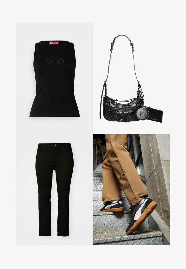 Juodas be rankovių marškinėlis iš minkštos medvilnės, turintis subtilų įspaustą logotipą centre ir raudoną prekės ženklo etiketę kaklo srityje.; Juodas džinsinis kelnes su tiesiu kirpimu, penkių kišenių dizainu, metaliniu mygtuku ir subtiliais siuvinėjimo akcentais. Lygus paviršius, universali stilius.; Juoda ir pilka zomšiniai sportbačiai su baltais akcentais ir gumos padangomis, dėvimi ant smėlio spalvos kelnių, kopiant metaliniais laiptais.; Juodas sintetinis oda rankinukas su kreiviu dizainu, užtrauktuku užsegama priekinė kišenė ir dekoratyvine aparatūra bei nuimamu apvaliu monetų laikikliu.