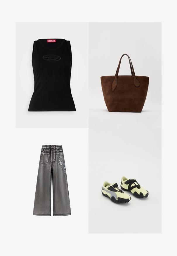 Sort ærmeløs tanktop lavet af blød bomuld, med et subtilt præget logo i midten og et rødt mærke i halsudskæringen.; Grå, brede denim bukser med en blank tekstur, forlommer og et dekorativt sommerfugle grafisk motiv på siden. Der er tilstedeværende slidte detaljer.; Sko med en lys gul overdel med sorte detaljer, sikker rem og en tekstureret sort gummisål. Designet til trækkraft og støtte.; Brun suedetote med buede topkanter, to håndtag i matchende brun, og kontrasterende syninger langs kanterne.