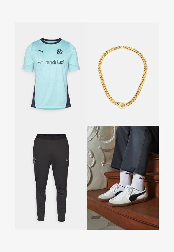 Light blue short-sleeve football shirt with dark navy accents, featuring a textured pattern, crew neckline, and logos on chest and sleeves.; Black athletic pants made of breathable fabric. They feature a fitted design, an elastic waistband, and a small logo on the side.; Puma sneakers in white and black suede, featuring a brown rubber sole. Paired with white socks displaying a black logo, worn with dark pants.; Gold chain necklace with large interlocking links, featuring a circular pendant detail at the center with a raised emblem.