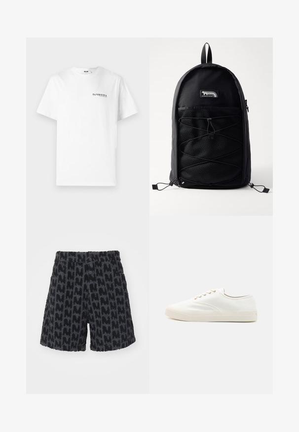 White cotton t-shirt with a crew neck, featuring a small black graphic text "LA VEDDITA" on the front left chest area.; Fuzzy black and gray shorts with a textured pattern resembling the letter "M." Feature a waistband with a button and side pockets.; White canvas sneakers with round toe, lace-up design, gold eyelets, and a textured rubber sole. Minimalist style, low-profile silhouette.; Black backpack with a rounded top, mesh front pocket, elastic bungee cord, and logo patch. Lightweight fabric with smooth texture.