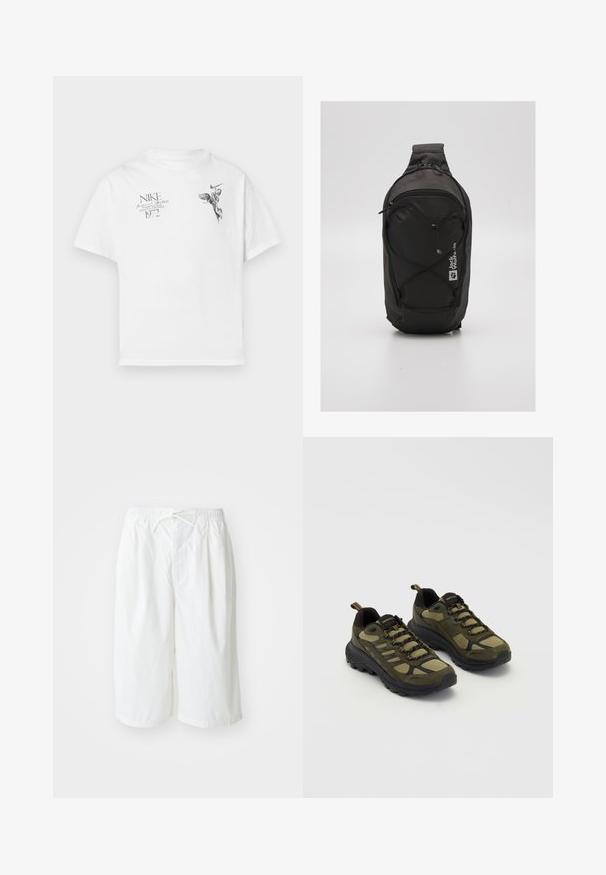 Bijela pamučna majica s crnim grafičkim otiskom krilate figure i teksta, s okruglim izrezom i kratkim rukavima.; Bijele kratke hlače s elastičnim pojasom i vezicom, prikazane protiv jednostavne svijetle pozadine. Pogodne za ležerno nošenje ili u toplom vremenu.; Zelene i crne atletske tenisice s teksturiranim gornjim dijelom, mrežastim panelima, čvrstim potplatom i vezanjem, uz pojačane nožne prste i petu.; Crna ruksak s aerodinamičnim dizajnom, izrađena od izdržljive tkanine. Ima zippered odjeljak, elastične akcentne vrpce i detalj s logotipom.