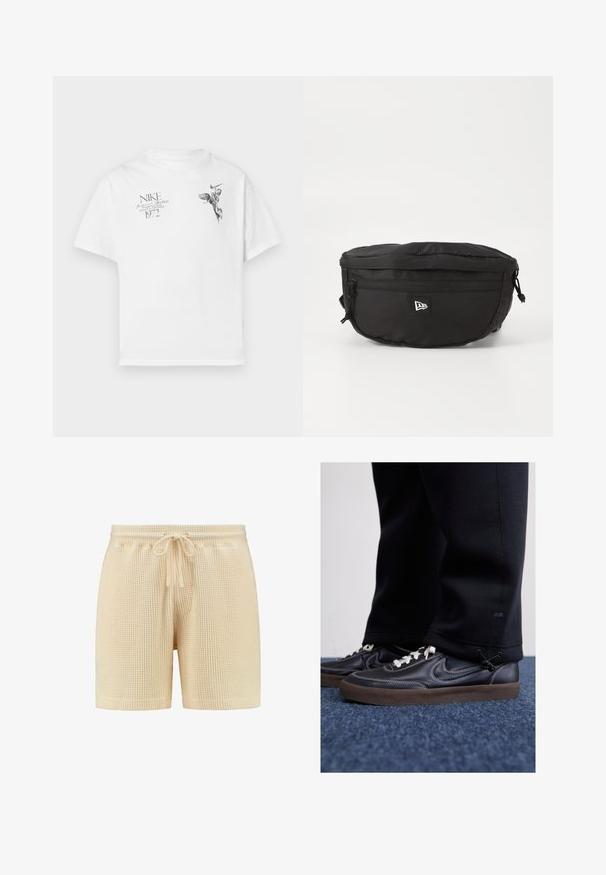 Balta medvilninė marškinėlių su apvaliu kaklu ir trumpomis rankovėmis, ant kurios yra juodas grafikas sparnuoto figūros ir tekstas.; Šviesiai rudos spalvos vafliniai šortai su elastine juostele, raišteliu užsegimu ir laisvu siluetu. Paprastas dizainas be raštų ar papildomų akcentų.; Nike Sportswear KILLSHOT 2 LTR PRM OPP2 - Sportbačiai - black sail baroque brown mtlc dk grey; Juodas juosmens krepšys, pagamintas iš nailono; turi priekinį užtrauktuką, reguliuojamą diržą ir логотипa. Apvalios formos, su lygiu paviršiumi.