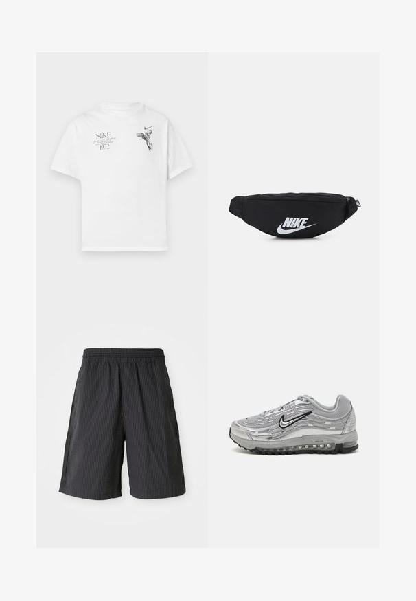T-shirt en coton blanc avec un imprimé graphique noir d'une figure ailée et du texte, avec un col rond et des manches courtes.; Shorts noirs avec un design texturé et côtelé, taille élastique et deux poches latérales. Style décontracté, longueur au-dessus du genou.; Baskets Nike Air Max grises avec un dessus en mesh et synthétique, un design en forme de vagues, des accents noirs et une unité de coussin d'air visible.; Sac banane noir en nylon avec fermeture éclair, arborant un grand logo blanc de Nike. Texture lisse et design ergonomique pour un port confortable.