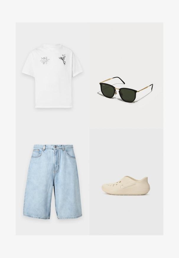 Camiseta blanca de algodón con un estampado gráfico negro de una figura alada y texto, con cuello redondo y mangas cortas.; Pantalones cortos de mezclilla azul claro con un ajuste relajado, que cuentan con dos bolsillos frontales, cierre de cremallera y acentos de costura visibles.; Zapato sin cordones beige con un acabado suave y brillante, que presenta orificios laterales para ventilación y un talón texturizado y estriado. Acento del logotipo en plata.; Gafas de sol de ojo de gato negras con lentes verdes, acentos de metal dorado y brazos negros delgados. Montura texturizada con un diseño geométrico audaz.