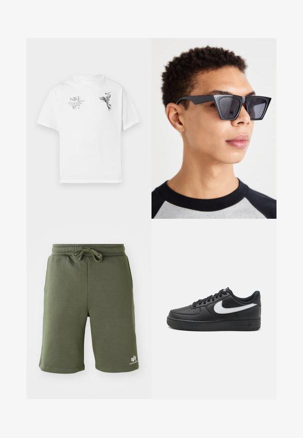 Balts kokvilnas T-krekls ar melnu grafisku druku, kurā attēlots spārnots figūra un teksts, ar apaļu kaklu un īsām piedurknēm.; Olivzaļas kokvilnas šorti ar elastīgu jostasvietu un auklu. Aprīkoti ar sānu kabatām un mazu logotipu uz apakšējās kājas.; Melni Nike Air Force 1 kedai ar gludu ādas virsu, balti logotipa akcenti, perforētu purngals un teksturēta gumijas zole.; Melna leņķainu saulesbrilles ar tumšiem stikliem, ar drosmīgu ģeometrisku dizainu un matētu apdari. Valkā persona ar īsiem matiem.