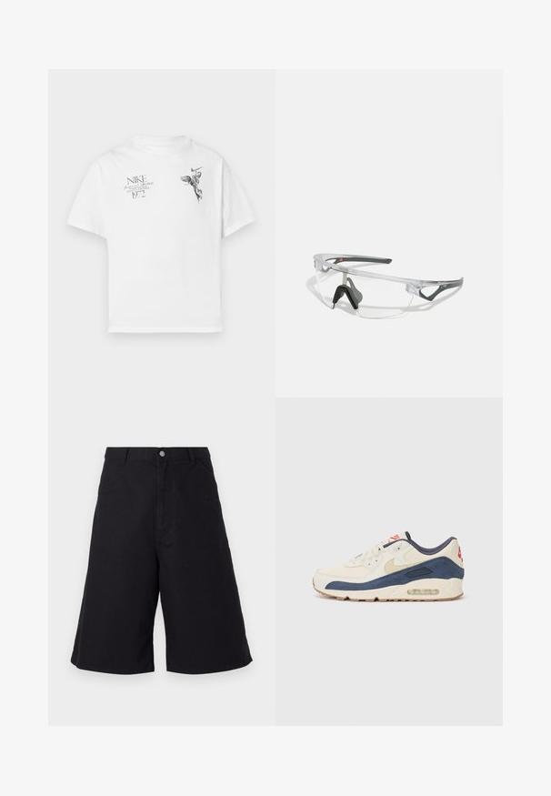 Hvit bomull t-skjorte med svart grafisk trykk av en bevinget figur og tekst, med rund hals og korte ermer.; Svarte bomullsshorts med rett snitt, med frontlommer, knappeåpning og tekstur som passer for fritidsbruk.; Sko med overdel i kremfarget lær og marineblå semsket skinn, med synlig luftsåle, beige gummisåle og rød detalj på hælen.; Klare sikkerhetsbriller med en lett, gjennomsiktig ramme og grå detaljer. Har en innpakket design og justerbar nesestykke.