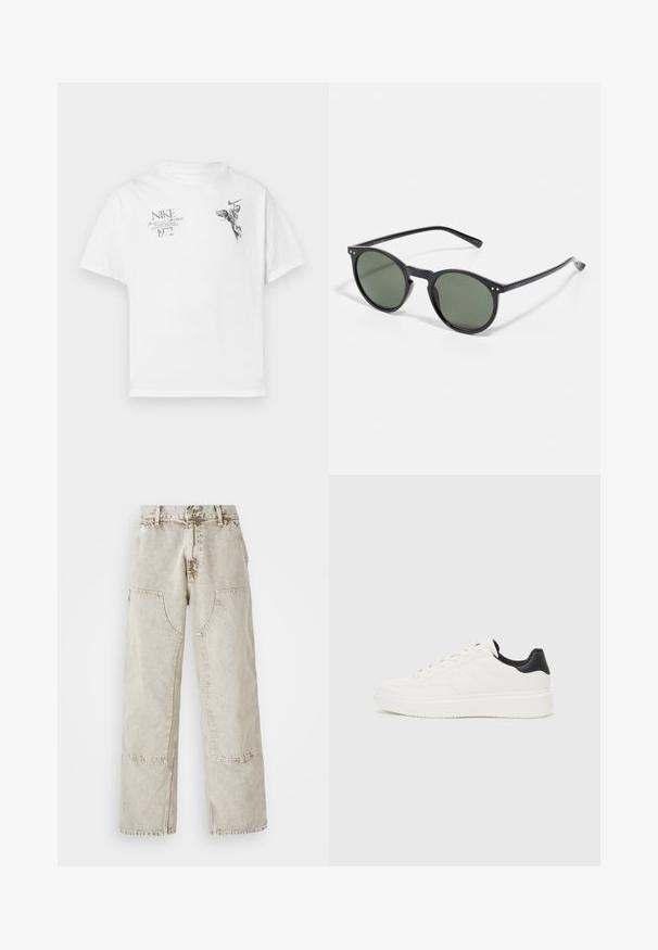 Bijela pamučna majica s crnim grafičkim otiskom krilate figure i teksta, s okruglim izrezom i kratkim rukavima.; Svijetlosmeđe široke traperice izrađene od denima, s velikim zakrpama, kontrastnim šavovima i blago izblijedjelom teksturom.; Bijela kožna tenisica s utisnutim uzorkom, teksturiranom bijelom potplatom i crnim naglaskom na peti. Ima zaobljen nos i ravne vezice.; Crne okrugle sunčane naočale s lijevanim zelenim staklima, s elegantnim dizajnom, metalnim detaljima i mat završnom obradom okvira.