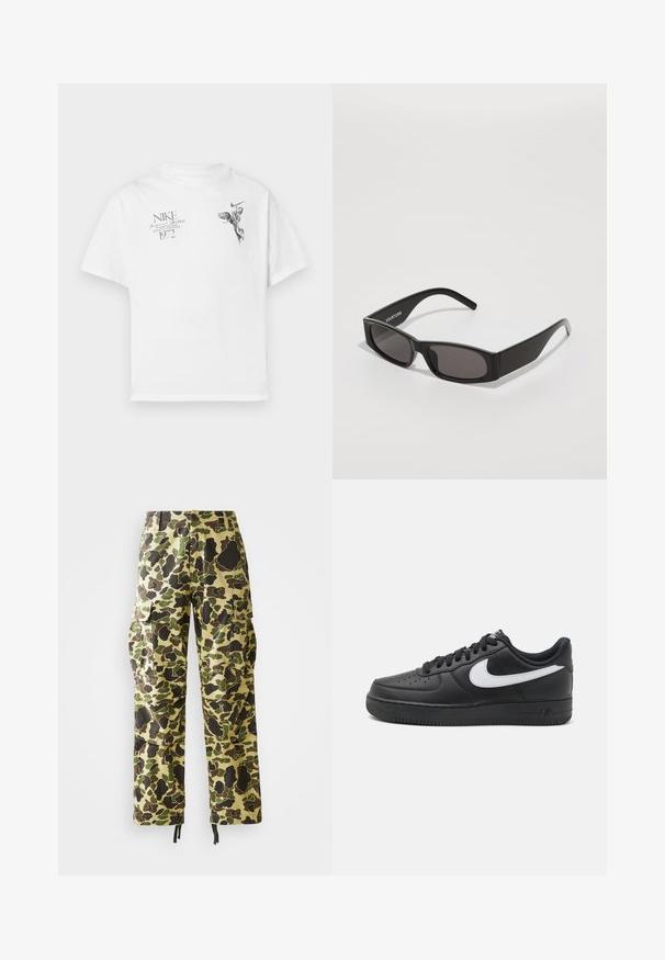 T-shirt de algodão branco com uma impressão gráfica preta de uma figura alada e texto, com decote redondo e mangas curtas.; Calças cargo masculinas de perna reta com padrão de camuflagem em verde, castanho e bege, fecho por botão, bolsos laterais e bainhas com cordão.; Tenis Nike Air Force 1 pretos com parte superior em couro liso, detalhe do logo branco, bico perfurado e sola em borracha texturizada.; Óculos de sol retangulares pretos com lentes escuras, uma armação de plástico lisa e um logótipo discreto no braço esquerdo. Design minimalista.