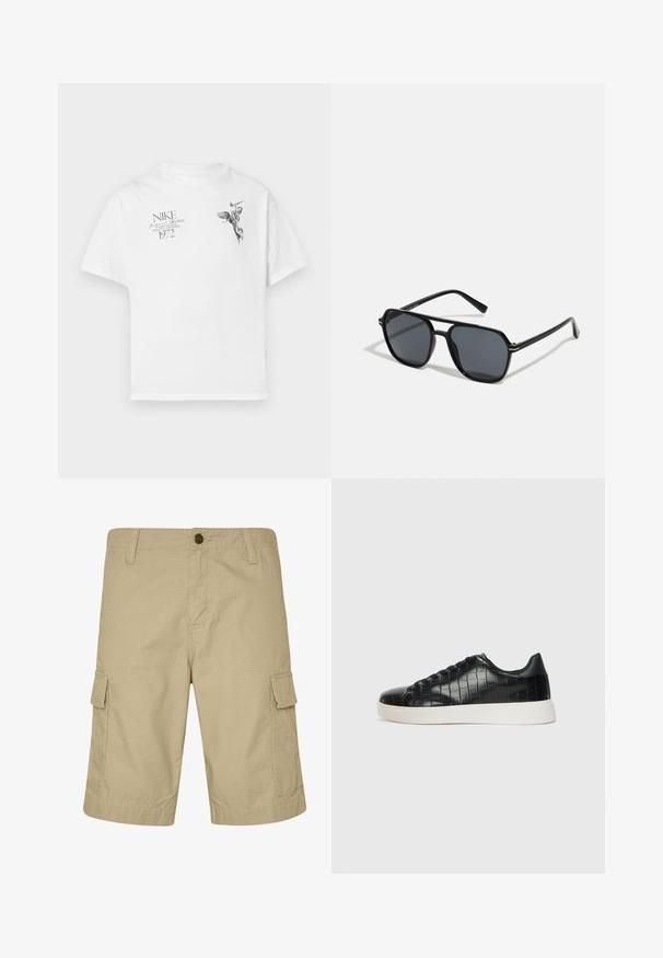 Weißes Baumwoll-T-Shirt mit einem schwarzen Grafikdruck eines geflügelten Figures und Text, mit Rundhalsausschnitt und kurzen Ärmeln.; Beige Cargo-Shorts aus leichtem Material, mit flachem Bund, Seitentaschen und strukturiertem Muster, entworfen für legere Kleidung.; Schwarze Sneakers mit einer strukturierten, krokodilPrägung aus Leder, runder Zehenpartie und einer kontrastierenden weißen Gummisohle mit glatter Oberfläche.; Schwarze Sonnenbrille mit achteckigem Rahmen, dunklen Gläsern, glänzender Oberfläche, dünnen Bügeln und goldenen Akzenten auf der Vorderseite.