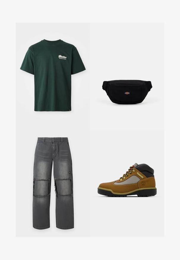 Grøn bomulds-t-shirt med rund hals, korte ærmer og et hvidt logo på den øverste venstre side. En smule afslappet pasform og glat tekstur.; Grå denimbukser med en afslappet pasform, der har frynsede knælapper, kontrastsyninger og et lille logo på siden.; Brun vandrestøvle med grå og sorte accenter, tekstureret læderoverdel, metaløjer og en robust gummisål til godt greb.; Sort stof damebælte med lynlås lukkefunktion, der har et lille brandet logo på fronten. Kompakt, afrundet design med justerbare stropper.