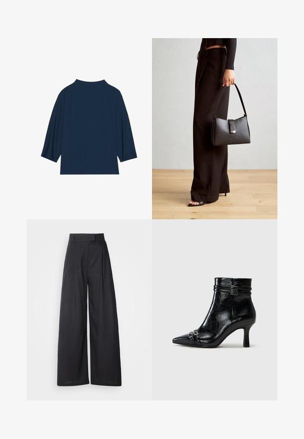 Tumši zils, 3/4 piedurkņu tops ar augstu dekoltē. Gluda auduma faktūra, vienkārša dizaina un taisna apakšmala bez papildus detaļām.; Tumši, plataji svārki ar strukturētu jostas daļu un krokām. Izgatavoti no viegla auduma, ar gludu tekstūru un bez redzamām rakstu zīmēm.; Tamaris Puszābaki ar ķīļveida zoli - black; Melnā somiņa ar strukturētu formu, gludu tekstūru un metālu sprādzi. Saskaņota ar platām melnām biksēm un sandālēm ar atvērtu purngalu uz koka grīdas.