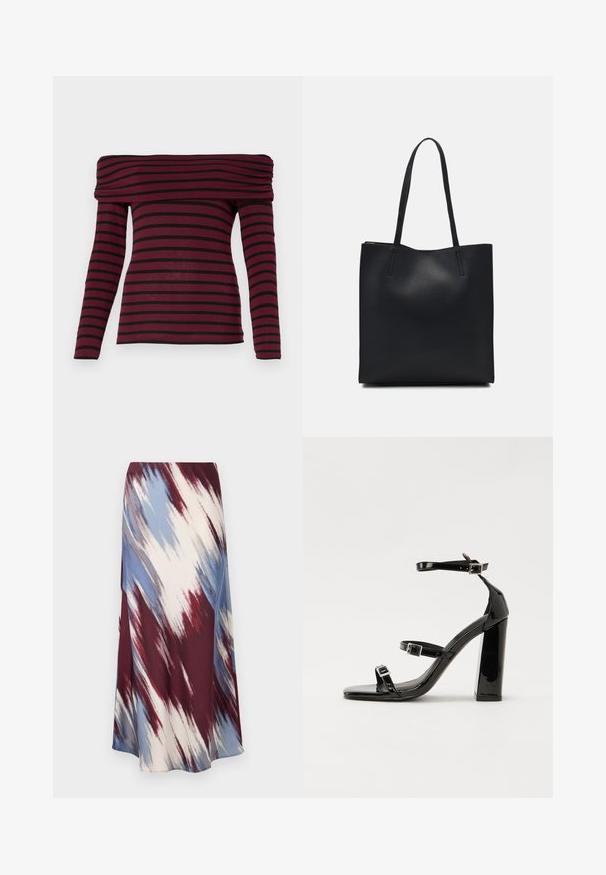 Bordo off-shoulder bluza s dugim rukavima s crnim horizontalnim prugama, s naboranim izrezom i prilagođenim siluetom. Mekana tkanina.; Duga suknja s dijagonalnim tie-dye uzorkom u burgundcu, plavoj i krem boji, izrađena od mekanog materijala s lepršavim siluetom i blagim sjajem.; Crne lakirane sandale na visoku petu s dva remena s kopčama, kvadratnim vrhom i masivnom blok petom, s glatkom, sjajnom teksturom.; Crna kožna torba za nošenje s glatkom teksturom, pravokutnim oblikom i dvije duge ručke. Nema vidljivih metalnih dijelova ili ukrasa.
